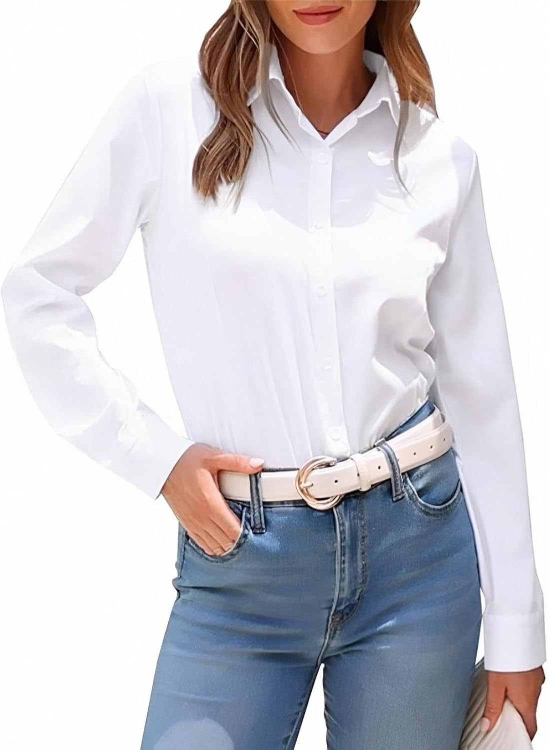 jonivey Womens Long Sleeve Button Down Stretch Dress Shirt Soft Wrinkle Free Work Casual Business Office Blouse | Amazon (US)