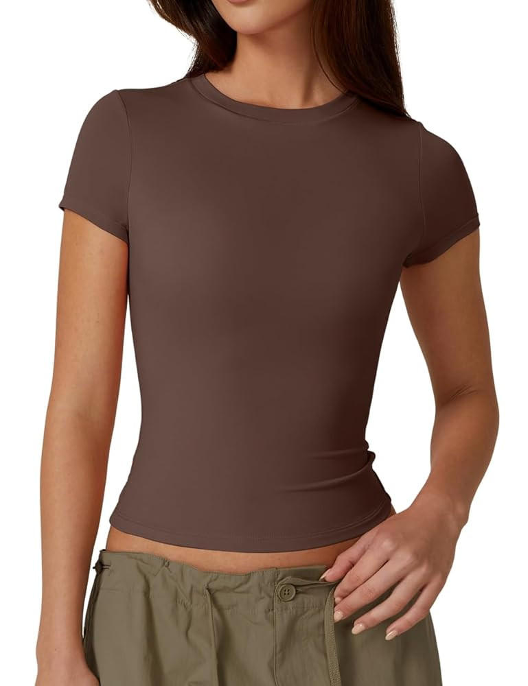 QINSEN Women's Crew Neck Short Sleeve Double-Layer Tops Basic Slim Fit Going Out T Shirt | Amazon (US)