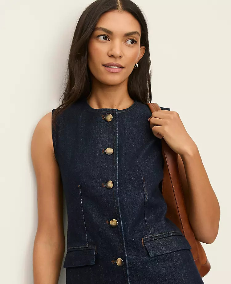 The Long Crew Neck Vest in Denim | Ann Taylor