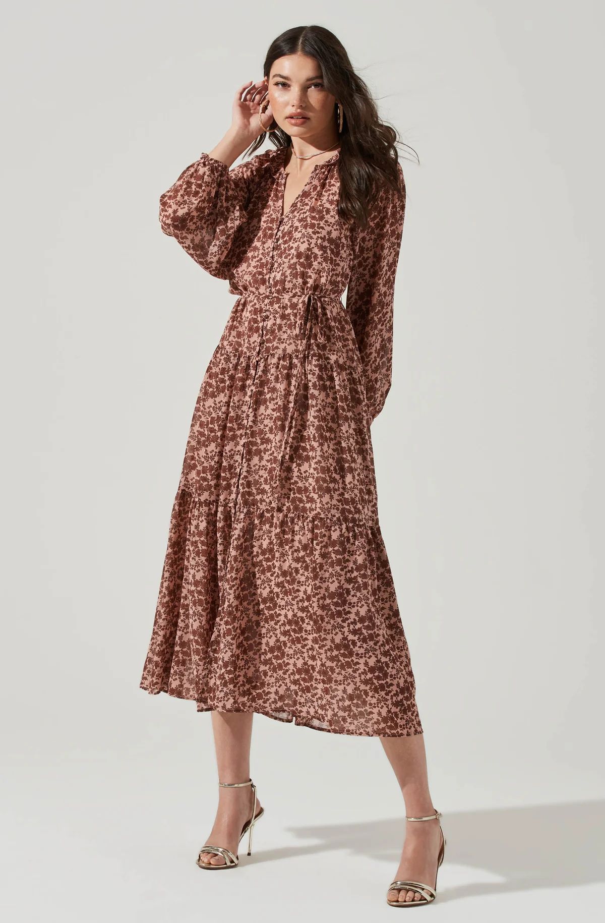 Long Sleeve Floral Button Front Tiered Midi Dress | ASTR The Label (US)
