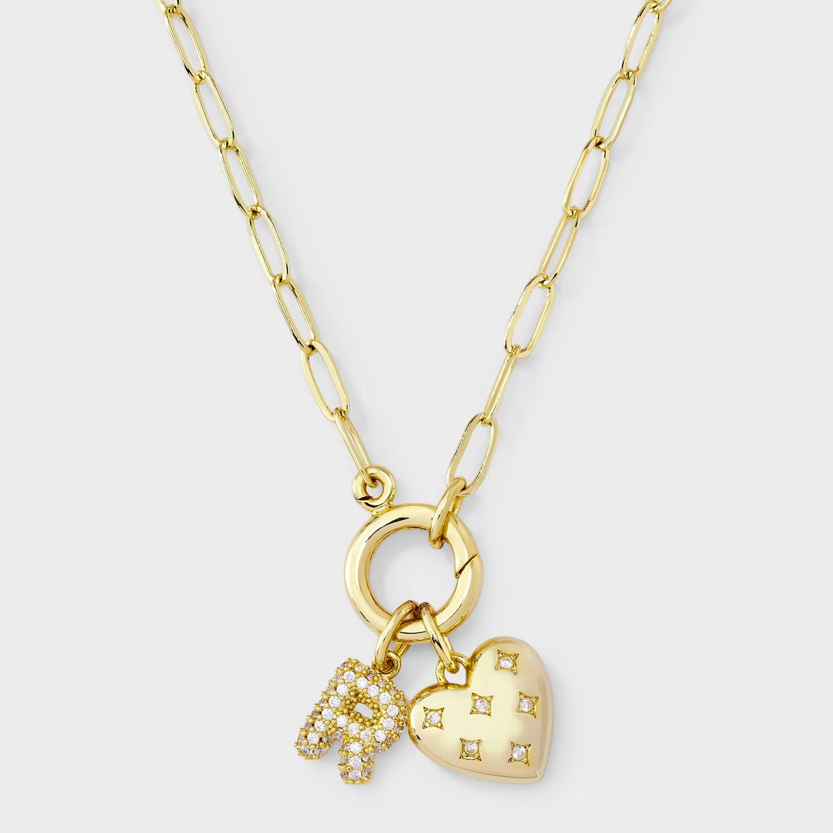 14K Gold Dipped Cubic Zirconia Puffy Heart Charm Initial Necklace - A New Day™ Gold | Target