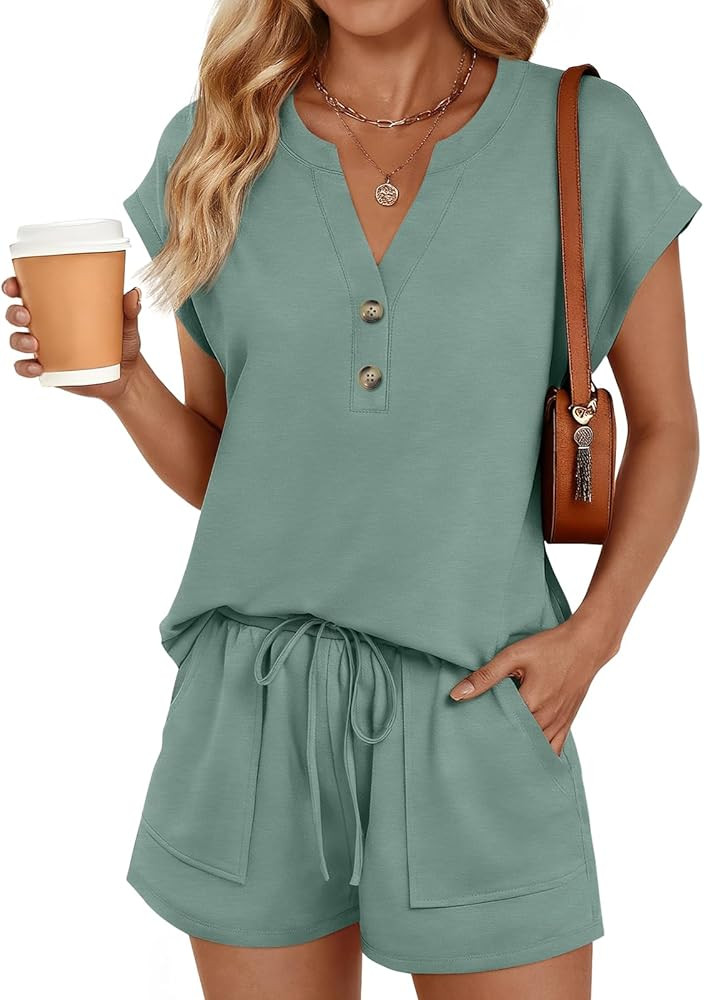 LILLUSORY 2 Piece Summer Set 2026 Henley Top & Drawstring Shorts with Pockets | Amazon (US)