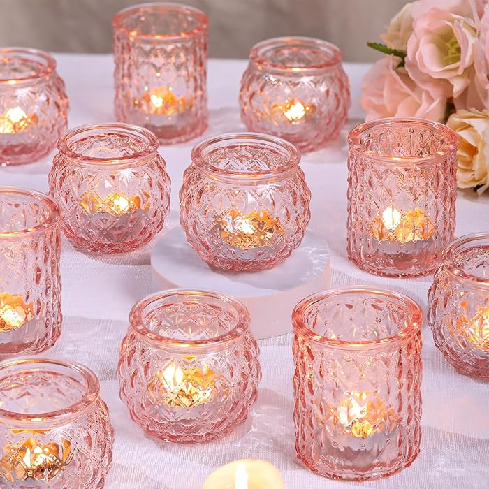 DARJEN Pink Votive Candle Holders Set of 24- Round Glass Candle Holders Bulk for Flameless LED Te... | Amazon (US)