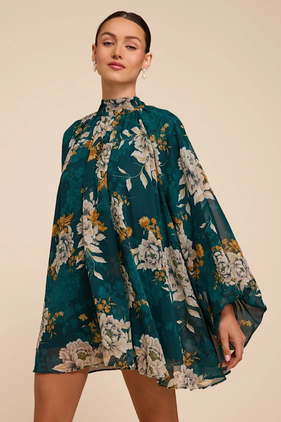 Lata Emerald Floral Mock Neck Belted Mini Dress | Lulus