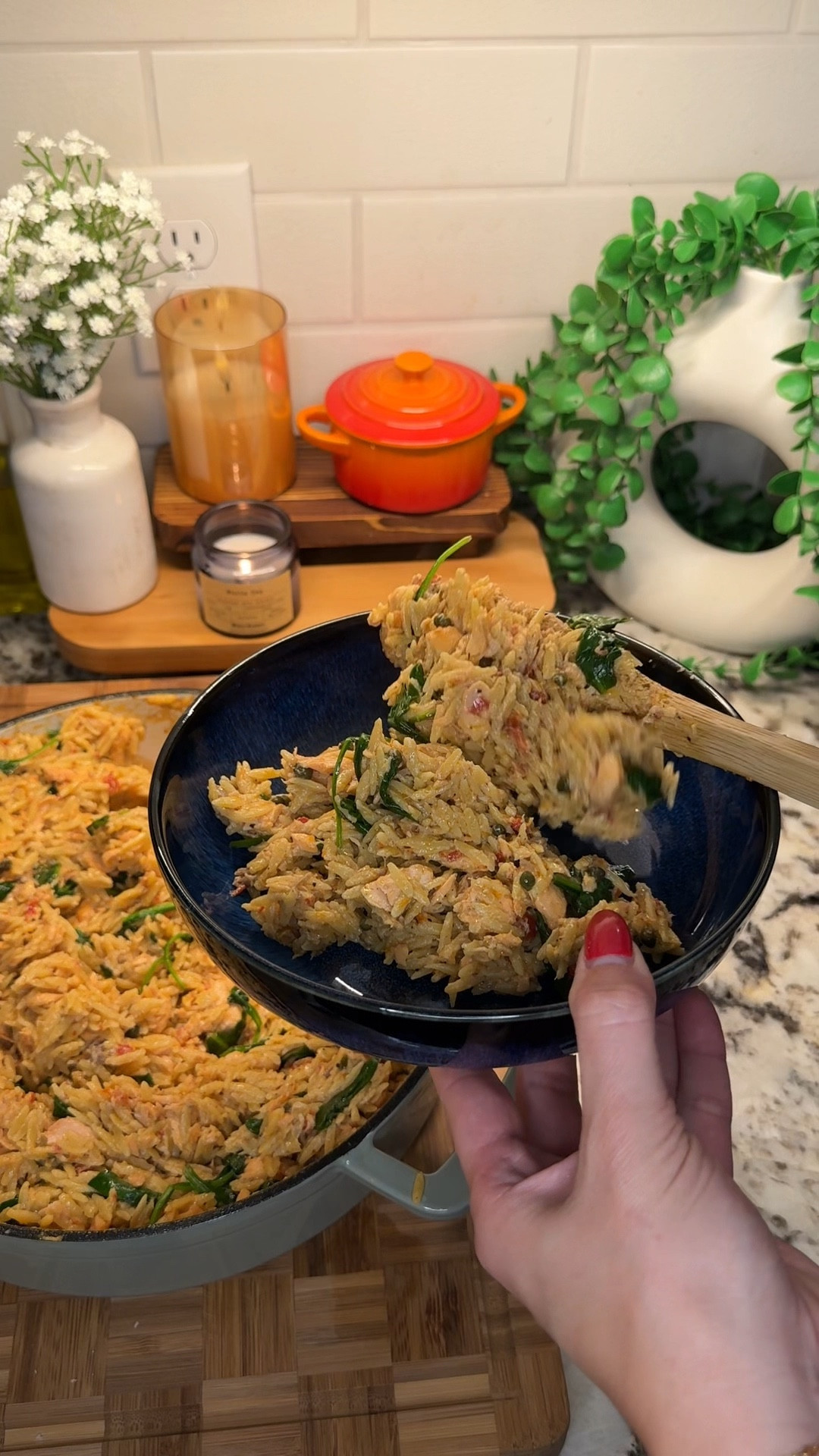been loving this one pot creamy salmon orzo for a quick & easy weeknight meal🧀🌿✨

Ingredients:
- 3-4 tbsp butter
- 1 shallot, finely diced
- 3-4 cloves garlic, minced
- 1/4 cup sun-dried tomatoes, finely chopped
- 2 cups orzo
- 4 cups chicken broth
- 1 block @Boursin Cheese 
- salmon filets, skin off & seasoned generously with salt, pepper, onion powder, garlic powder, paprika

cover and bake at 425°F for 10 minutes. remove, stir and add:
- 1/4 cup heavy cream
- 1/4 cups capers
- salt & pepper to taste

cover and bake an additional 5-7 minutes. remove and stir in:
- 2-3 large handfuls spinach
- juice 1/2 lemon
- 1/3 cup freshly grated Parmesan (save some to top!)

#LTKFindsUnder100 #LTKFamily #LTKHome