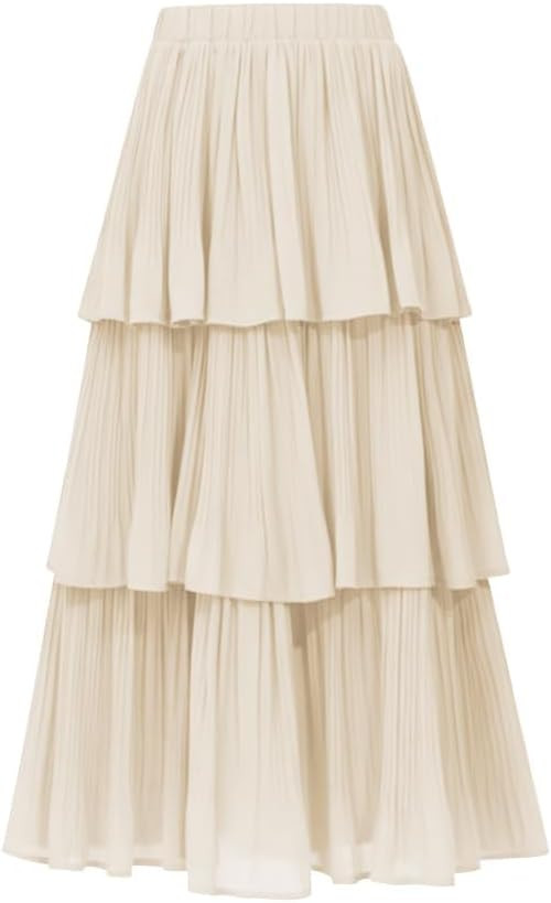 Women's Chiffon Tiered Ruffle Long Maxi Skirts Boho Elastic High Waist A-Line Flared Pleated Midi... | Amazon (US)