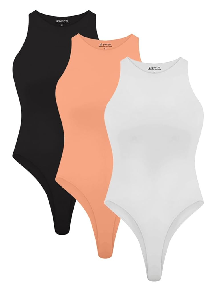 Cyanstyle Womens 3 Piece Bodysuits Sexy Sleeveless Racer Back High Neck Double Lined Bodysuit Tan... | Amazon (US)