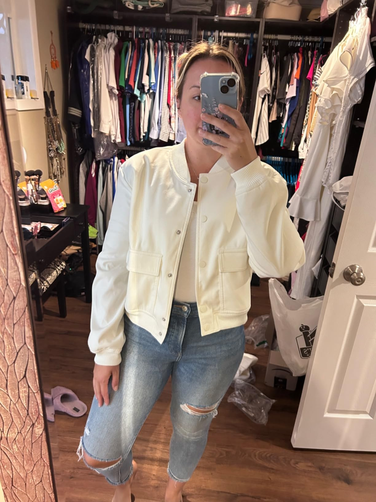 Womens Cropped Bomber Jacket Button Down Varsity Jackets Shackets With Pockets | Amazon (US)