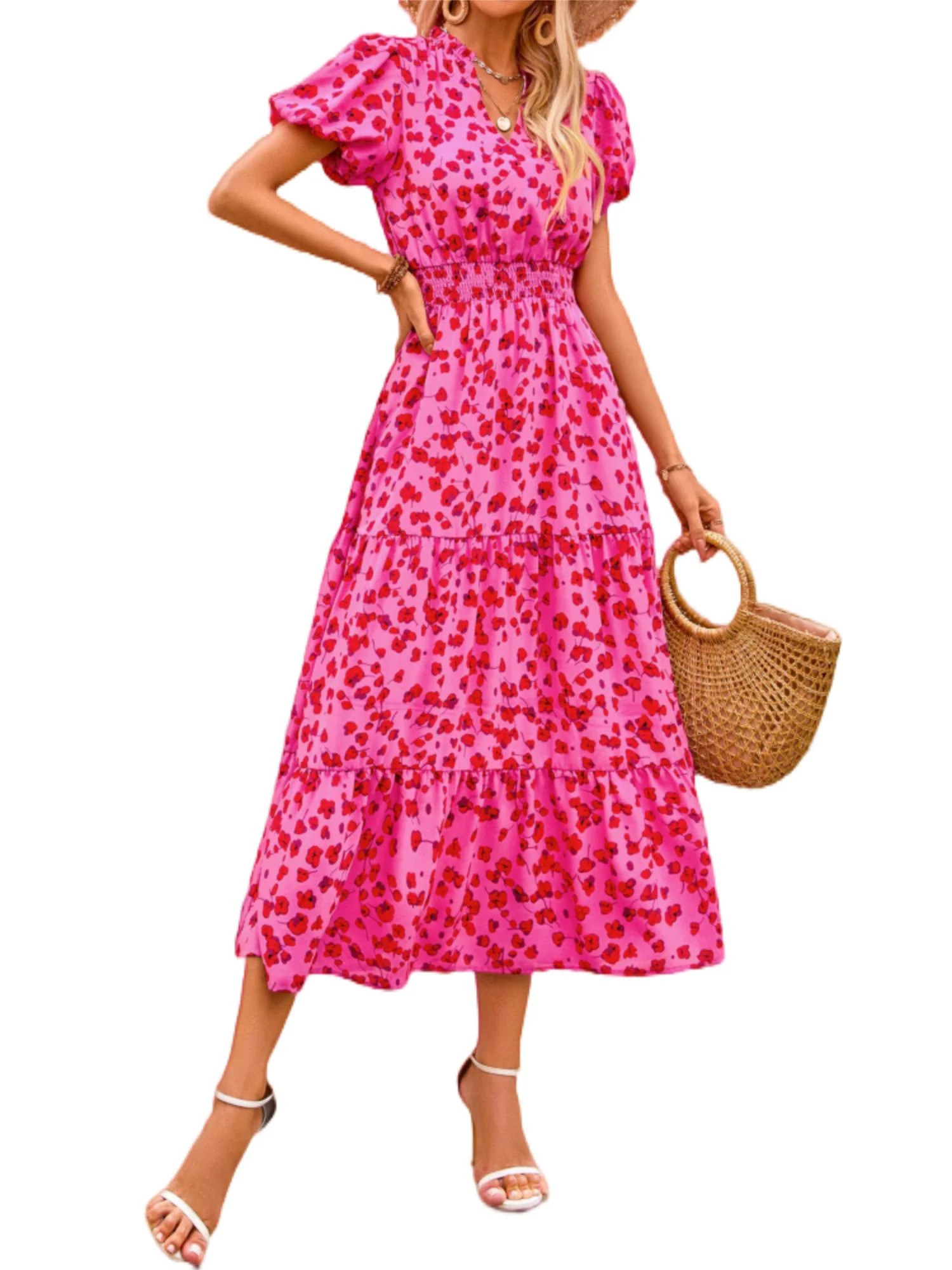 PRETTYGARDEN Summer Maxi Dress for Women Casual Wear To Work V Neck Puff Short Sleeve Smocked Ruf... | Walmart (US)