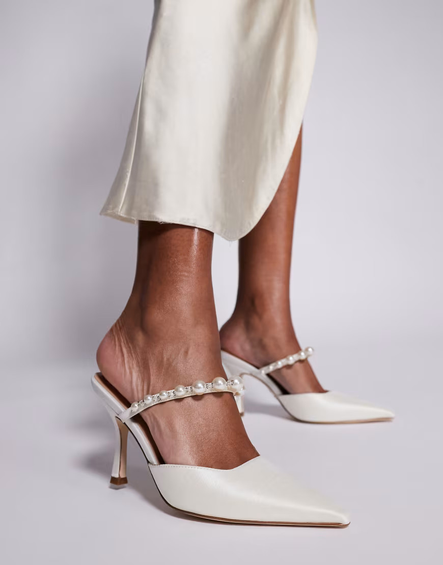 Steve Madden Brecki-1 pearl embellished pointed mules in ivory satin-White | ASOS (Global)