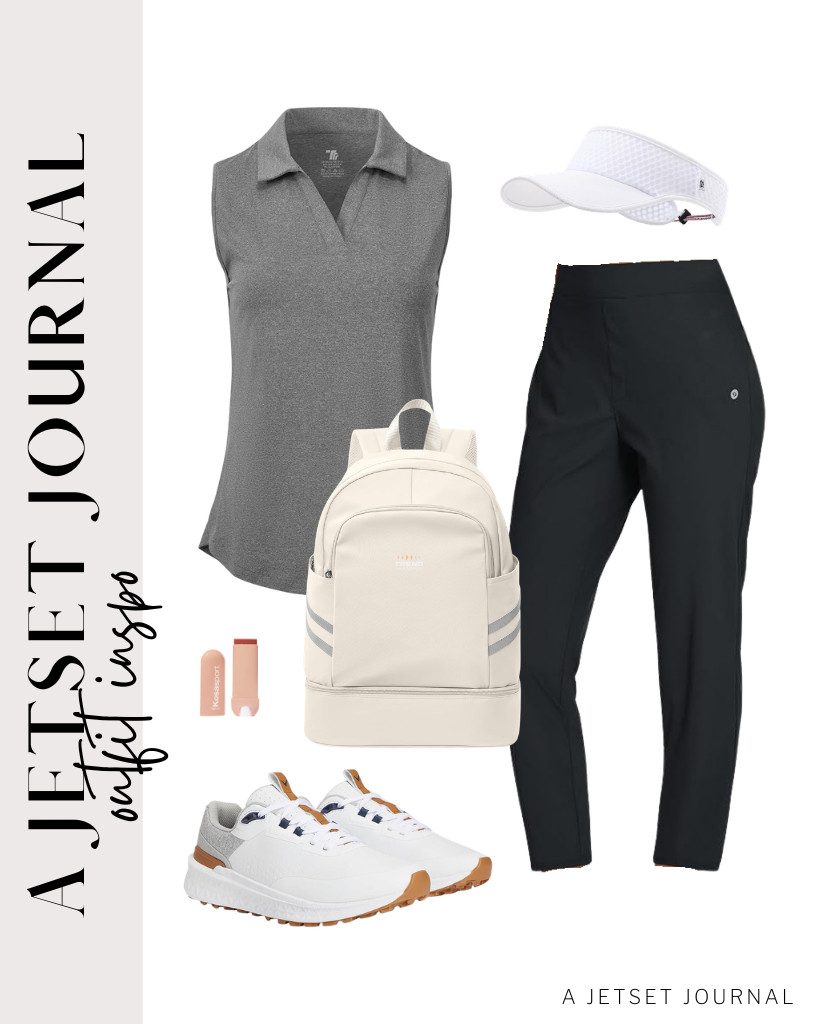 Match your gray golf polo shirt with lightweight stretch pants. People are loving Callaway’s Pacific XT shoes, and they go well with this outfit. This roomy gym backpack is perfect for your essentials.  

#LTKSeasonal #LTKSaleAlert #LTKTravel 

 