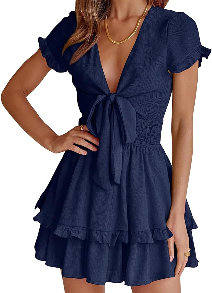 PRETTYGARDEN Women's 2024 Summer Swing Mini Dress Tie Front V Neck Short Sleeve Ruffle Layer A-Li... | Amazon (US)