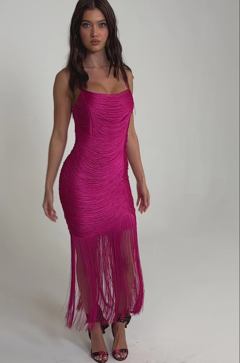 TAKE ME DANCING FRINGE MAXI DRESS IN FUSCHIA | AKIRA