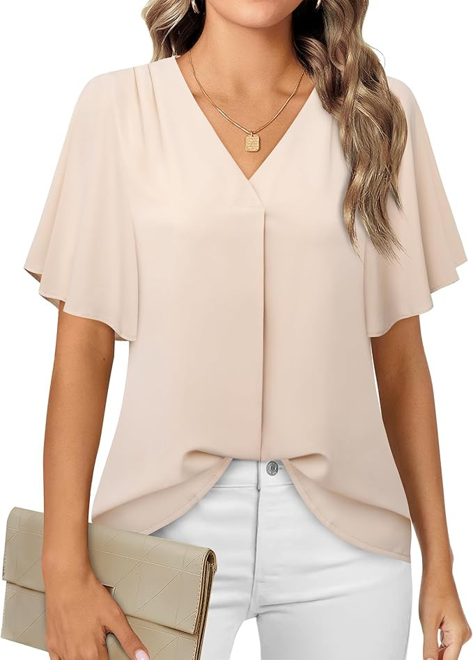 Timeson Women's V Neck Chiffon Blouse Ruffle Sleeve Ladies Work Shirts | Amazon (US)