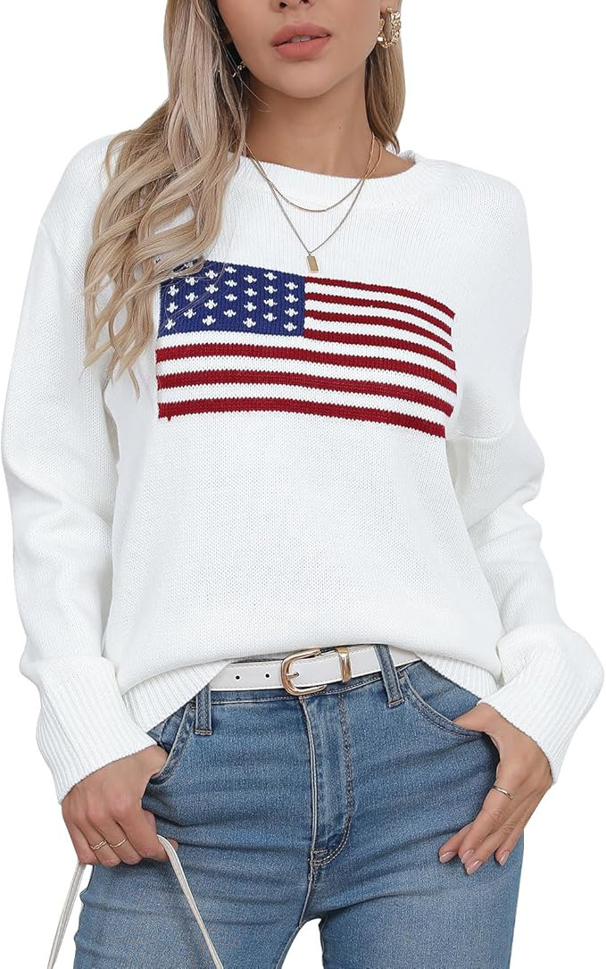 Women's American Flag Pullover Sweaters Long Sleeve Crew Neck Summer Ligthweight Sweater | Amazon (US)