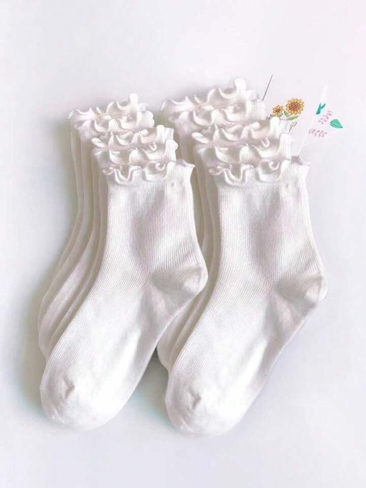 10 Pairs Women's White Frill Trimmed Casual Mid-Calf Socks | SHEIN USA | SHEIN