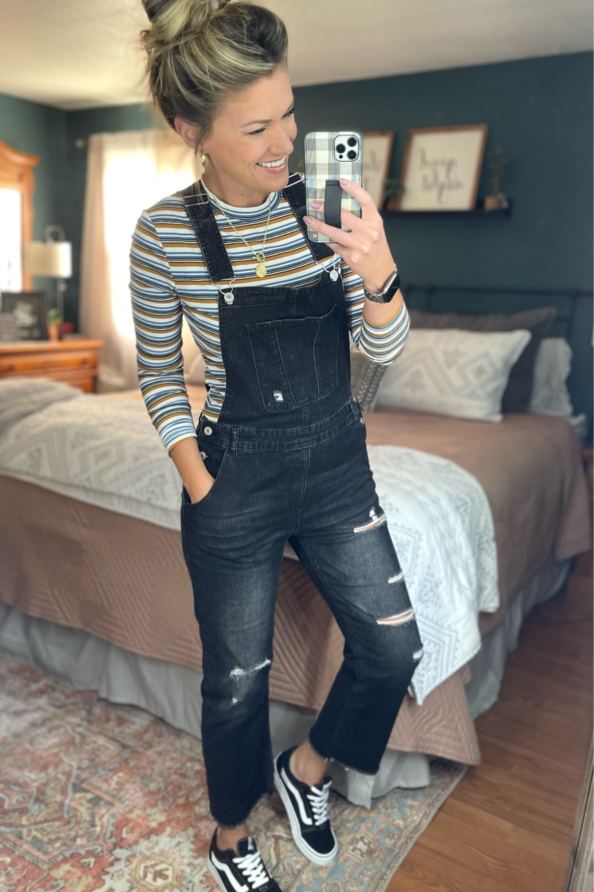 Distressed overalls + Vans sneakers 
Top/small
Overalls/large
Sneakers//tts

#LTKSeasonal #LTKshoecrush #LTKunder100