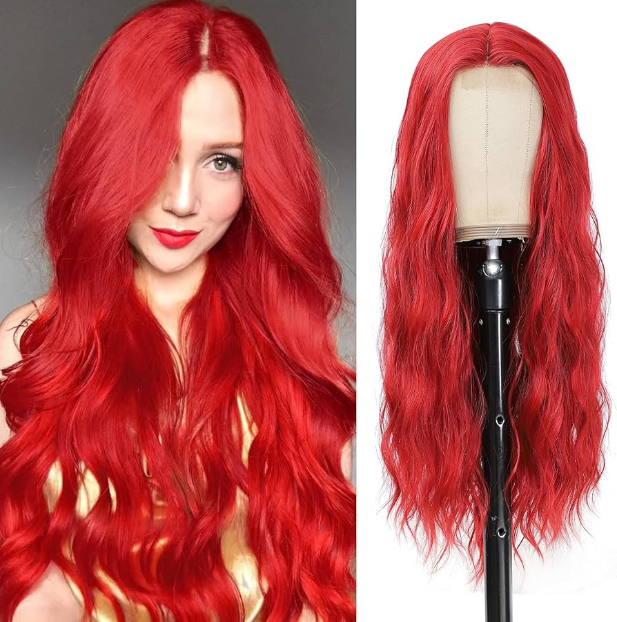 Red Wig - Long Red Wavy Wigs for Women Middle Part Red Wig 26 inch Natural Curly Synthetic Wig He... | Amazon (US)