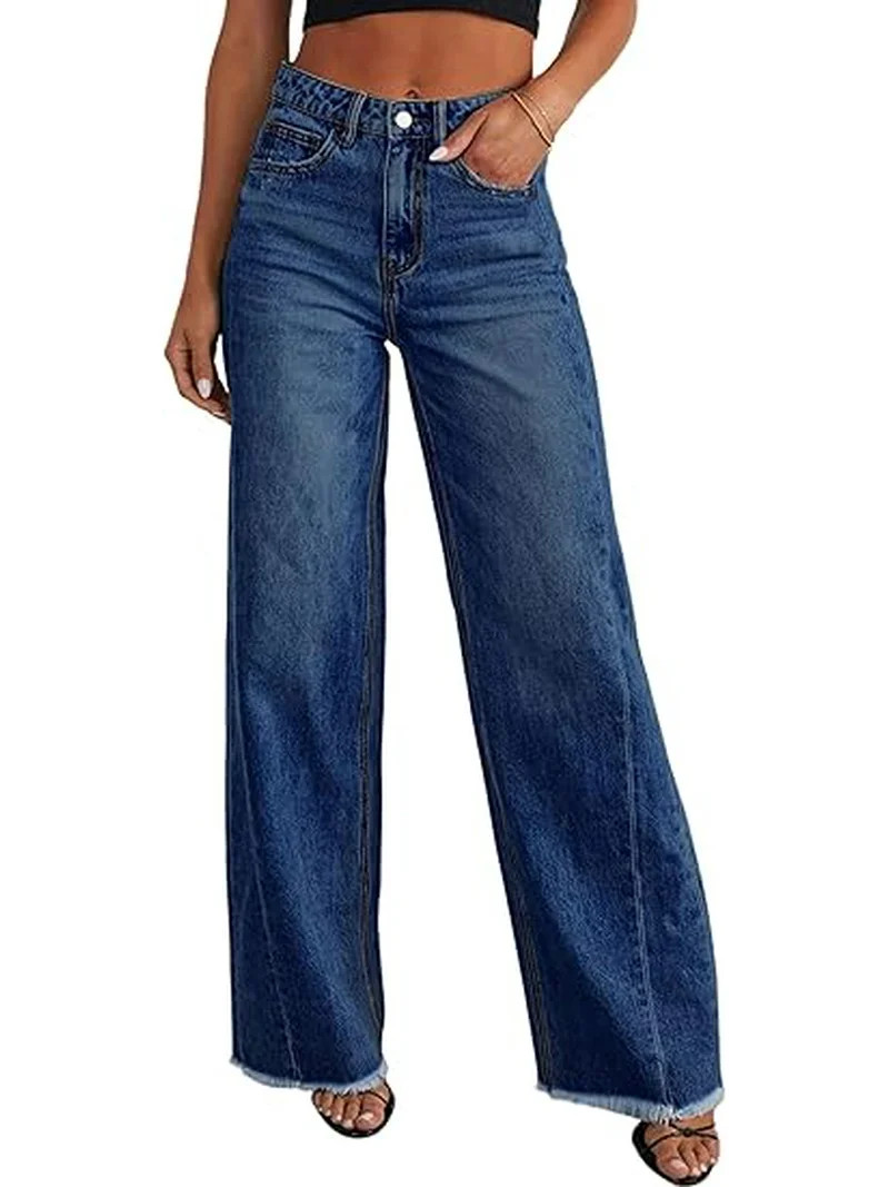 PRETTYGARDEN Wide Leg Jeans for Women Trendy High Waisted Stretchy Baggy Raw Hem Denim Palazzo Pa... | Walmart (US)
