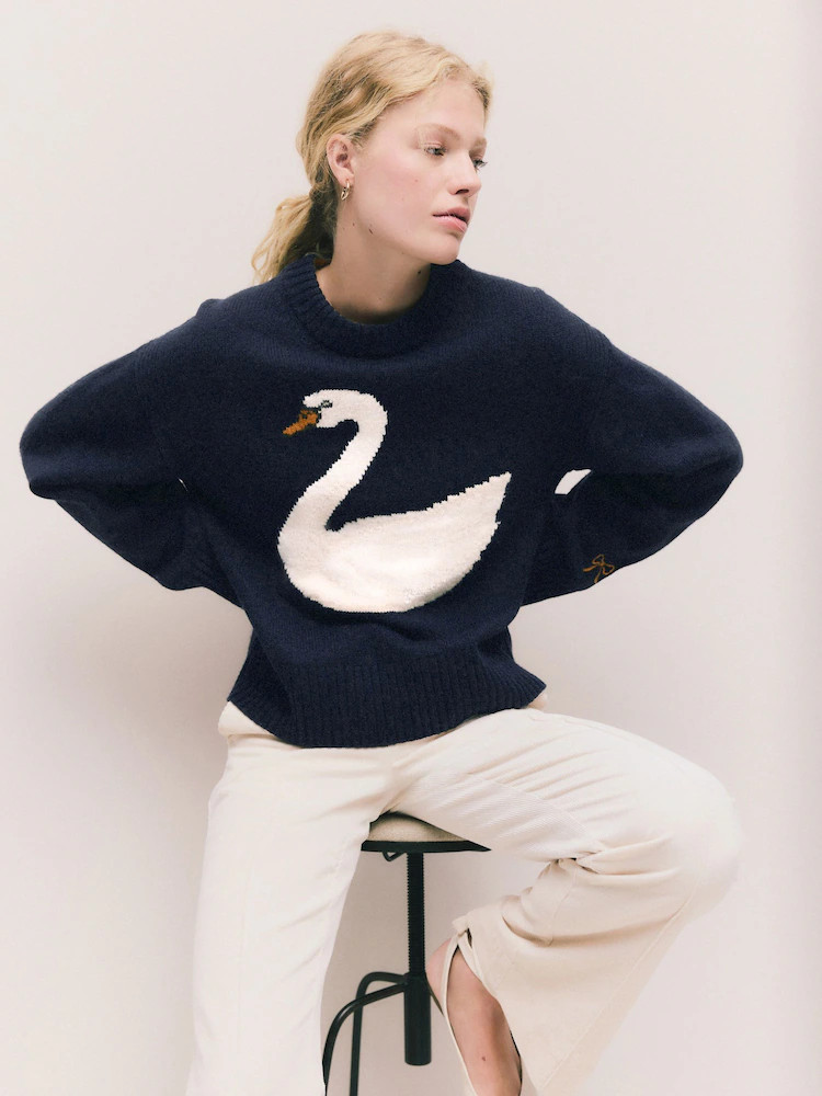 Navy Blue Swan Graphic Long Sleeve Crew Neck Jumper With Wool | Next US