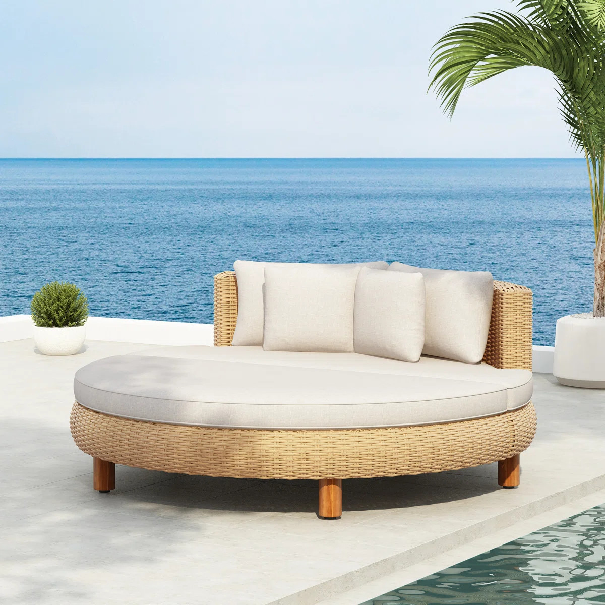 Aurelle Coastal PE Wicker Outdoor Daybed With Water-Repellent Cushions And 4 Pillows | Wayfair North America