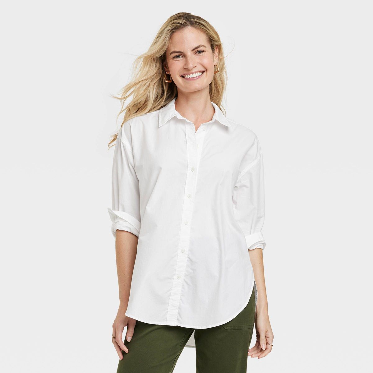 Women's Oversized Long Sleeve Collared Button-Down Shirt - Universal Thread™ White XS | Target