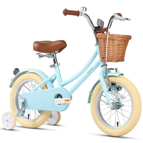 Glerc ‎Little Molly 14 Inch Kids Bike, Retro Cruiser Girls Bike for Children Ages 3-5 Years Old, Kids Bicycle with Wicker Basket & Training Wheels, Blue | Amazon (US)
