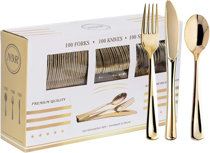 N9R 300PCS Silverware Gold Plastic Cutlery Set Disposable Flatware Dinnerware -100 Gold Forks, 10... | Amazon (US)
