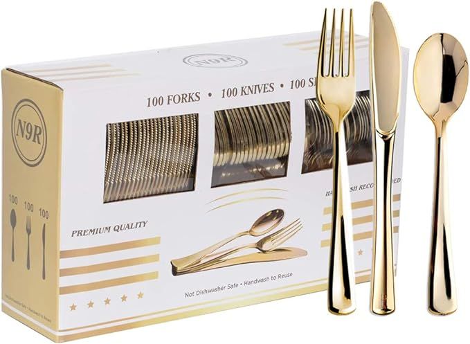 N9R 300PCS Silverware Gold Plastic Cutlery Set Disposable Flatware Dinnerware -100 Gold Forks, 10... | Amazon (US)