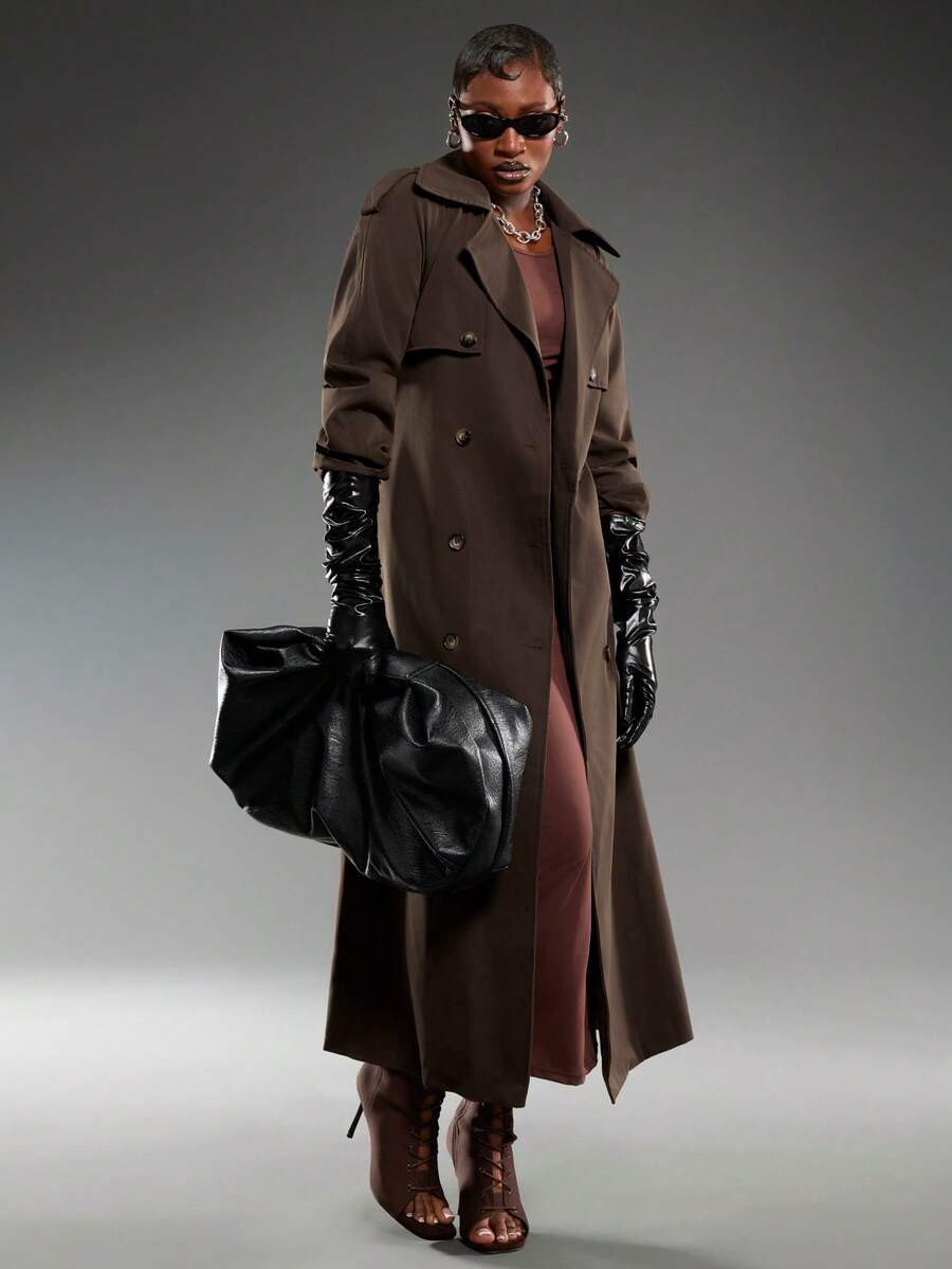 Normani Women's Solid Color Double-Breasted Trench Coat, Commuter Style | SHEIN