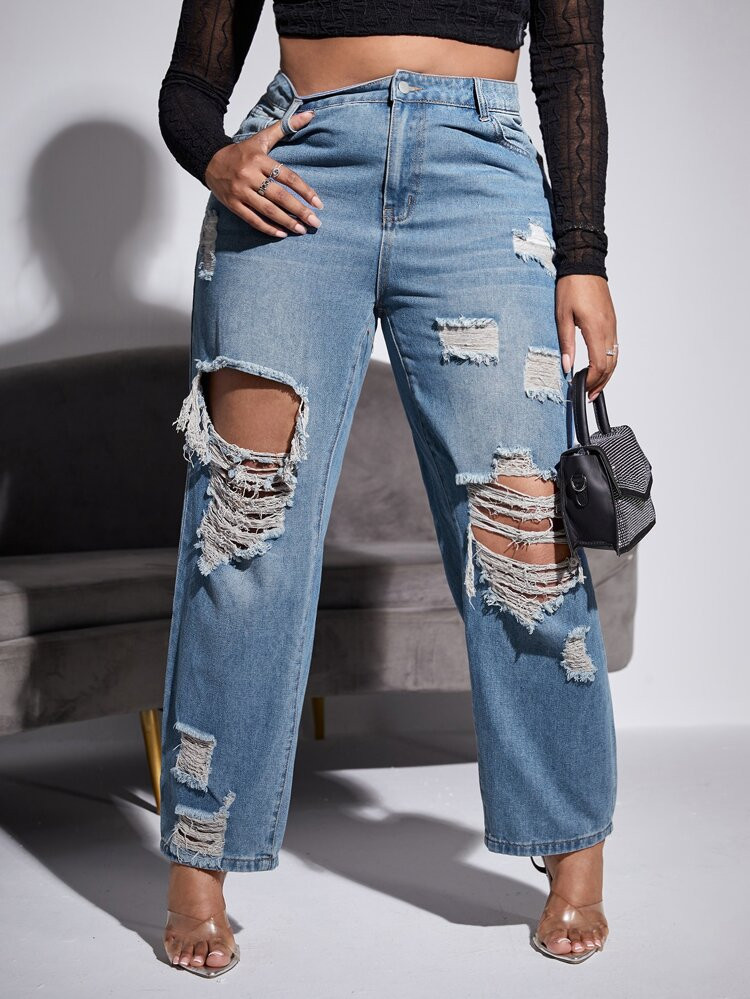 Plus High Waist Ripped Straight Leg Jeans | SHEIN