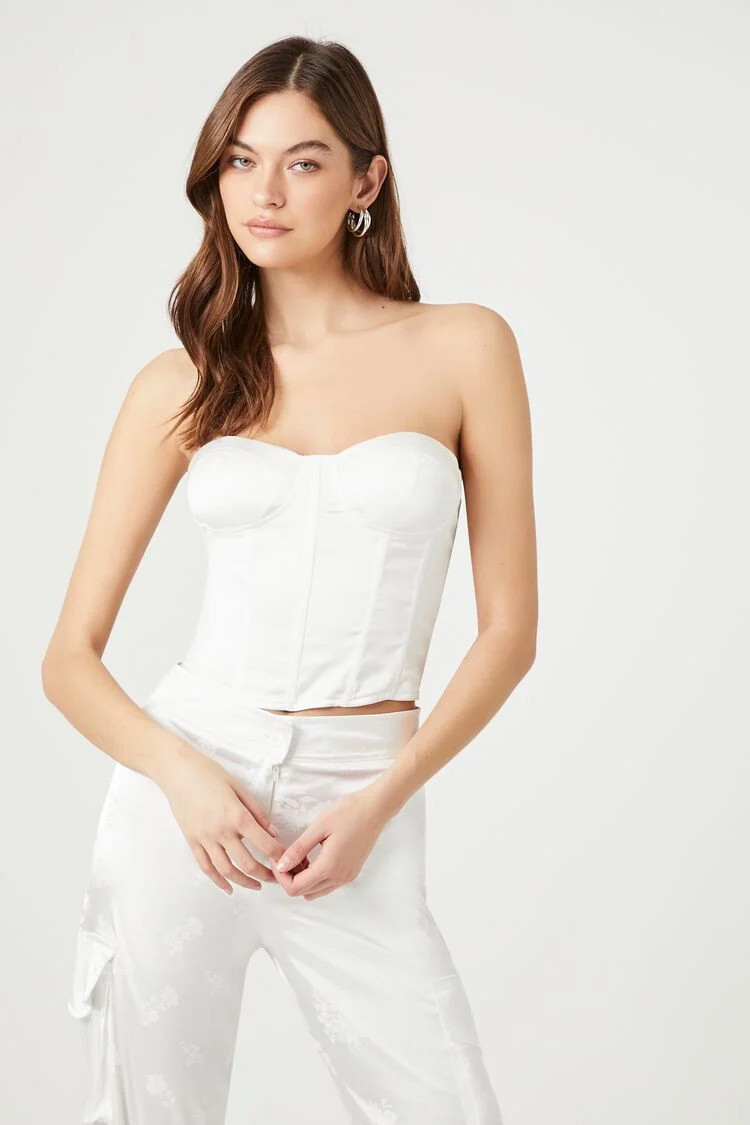 Women's Satin Sweetheart Bustier Top in White Large | Forever 21