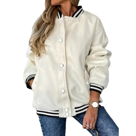 wybzd Women Crop Bomber Jacket Oversized Varsity Button Down Baseball Coat Casual Patchwork Outwear | Walmart (US)