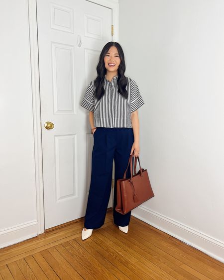 Striped short sleeve shirt (XS)
Cropped button up shirt 
Navy pants (27P)
Brown tote bag
White pumps (1/2 size up)
Smart casual outfit
Spring work outfit
Spring outfit
LOFT outfit 

#LTKstyletip #LTKfindsunder50 #LTKworkwear