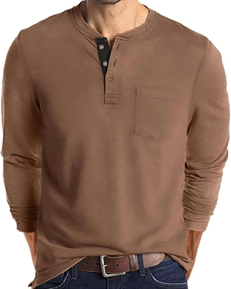 Lexiart Mens Fashion Henley Shirts Long Sleeve Button Cotton T-Shirt with Pocket | Amazon (US)