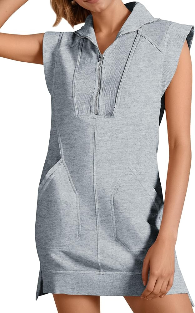 Fisoew Womens Summer Half Zip Sweatshirt Dresses V Neck Collared Sleeveless Workout Tunic Mini Dr... | Amazon (US)