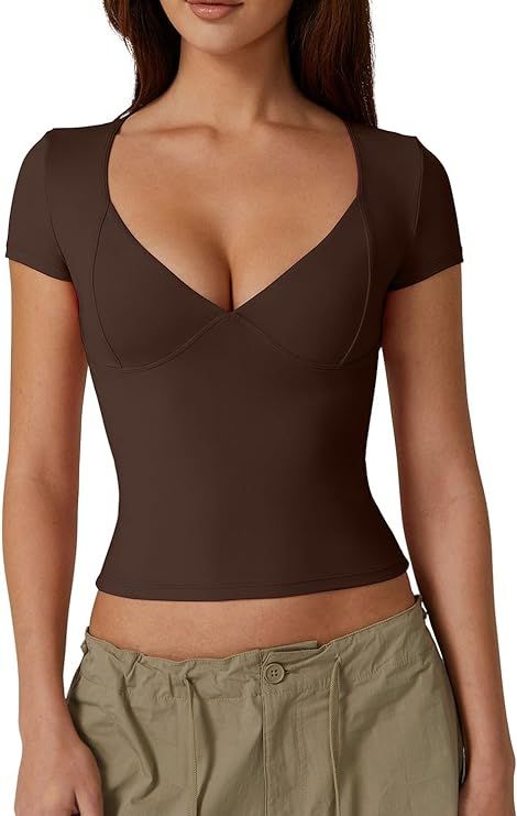 QINSEN Women's V Neck Short Sleeve T Shirts Double Lined Tee Seamed Cup Going Out Tops | Amazon (US)