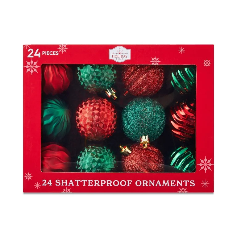 24-Count Red and Green Shatterproof Multi-Textured Christmas Ornaments, 2.36 in, by Holiday Time | Walmart (US)