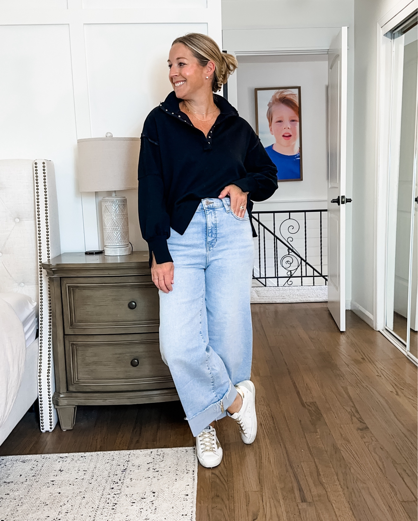 Casual weekend outfit! Medium small sweatshirt that’s soft and smooth and so cozy but I wished I sized up so it looked more like the model. 8 regular jeans that I love to cuff! So stretchy and soft! And these are my latest splurge for sneakers but I was in love with the cleaner white and gold detail! 🥴 any white sneaks will do! 

#LTKMidsize #LTKOver40 #LTKBacktoSchool