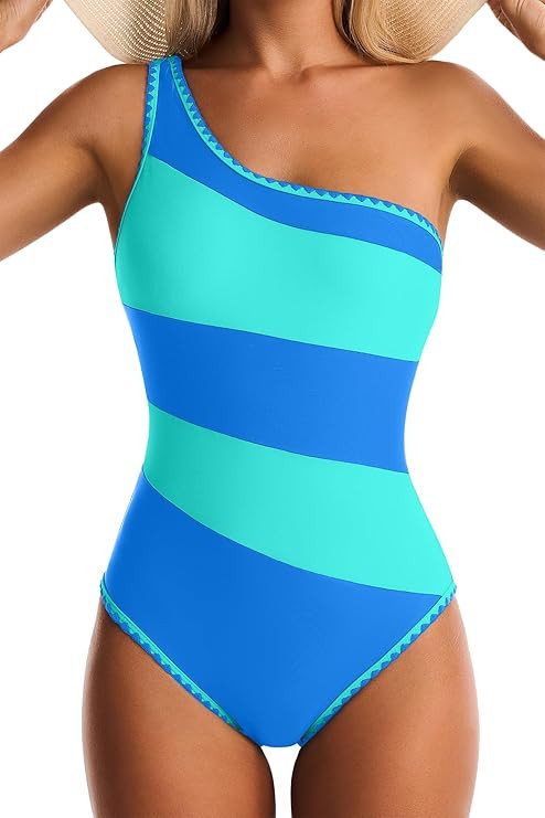 One Shoulder One Piece Swimsuit for Women Tummy Control Bathing Suit Color Block Swim Suit Shell ... | Amazon (US)
