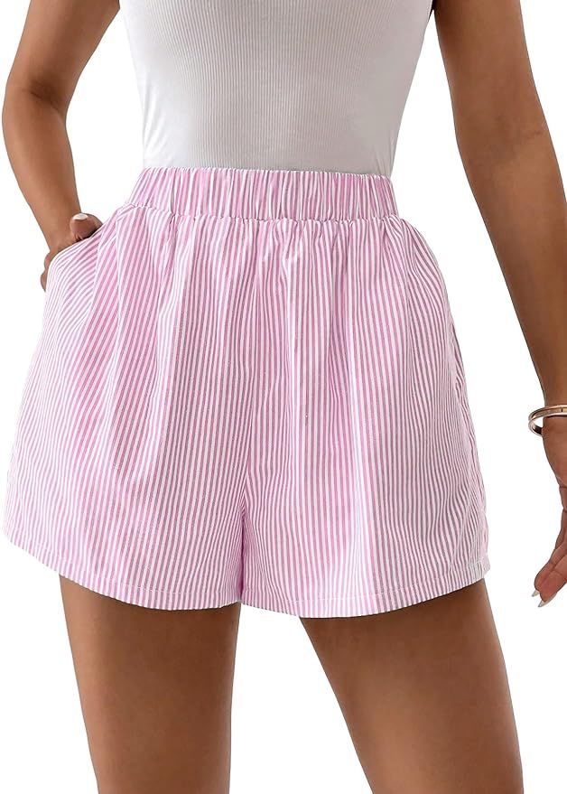 Floerns Women's Striped Print Elastic High Waist Wide Leg Casual Shorts | Amazon (US)