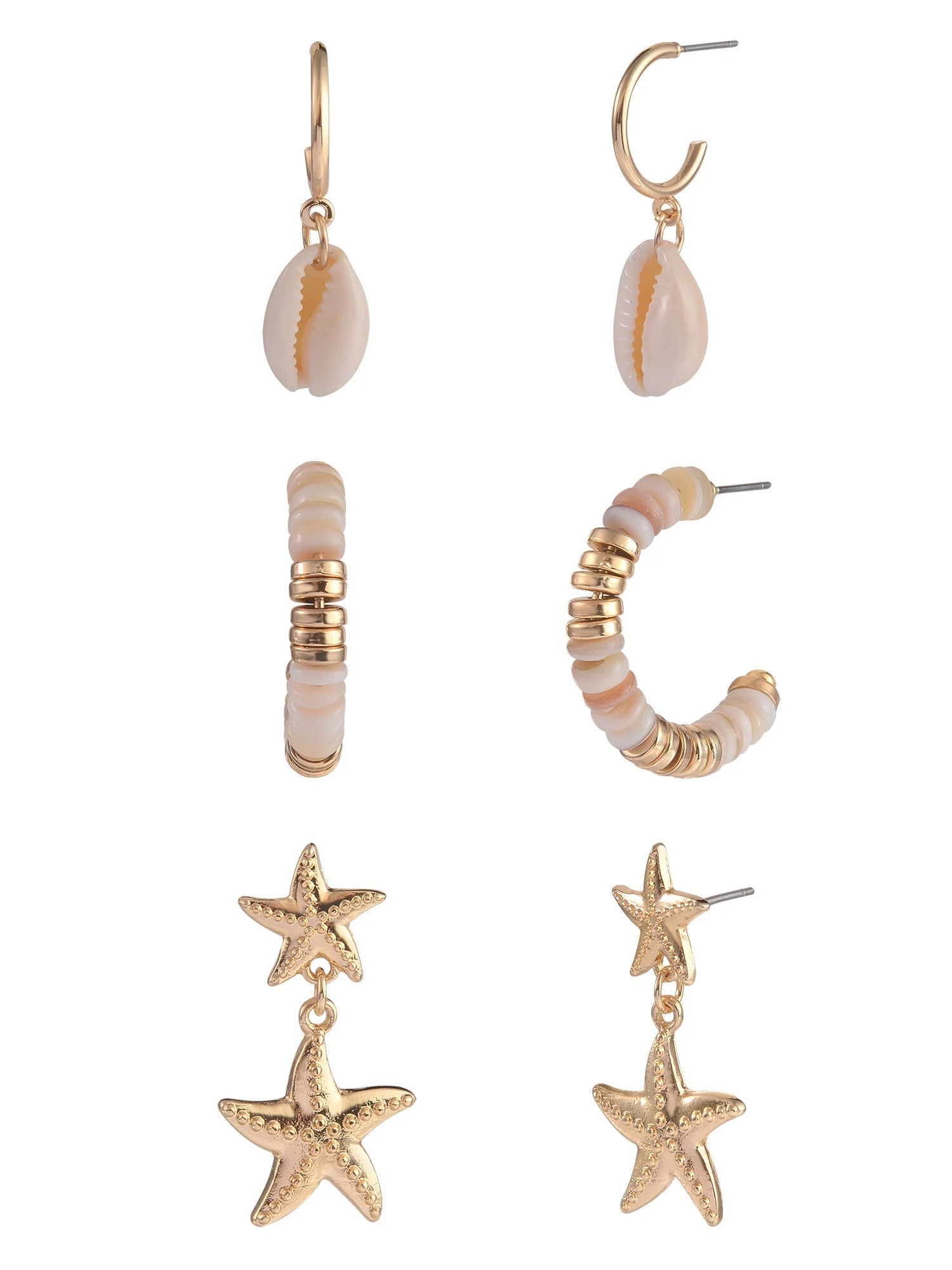 Time and Tru Adult Female Gold-Tone Starfish, Shell, and Beaded Multi Earring Set - 3 Pairs | Walmart (US)