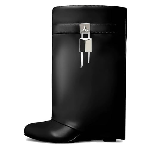Yishaweiqi Padlock Fold Over Boots Wedge Heel Ankle Booties Wide-calf Short Boot | Amazon (US)