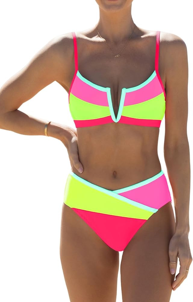 popvil Women's Sexy V Neck Bikini Sets High Waisted Bathing Suit Color Block Swimsuits | Amazon (US)