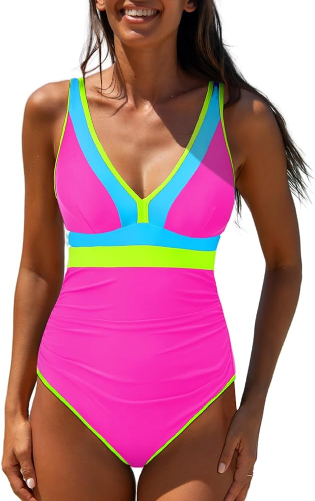 popvil One Piece Swimsuit Women 2025 Tummy Control Neon Color Block Bathing Suit Deep Vneck Tie B... | Amazon (US)
