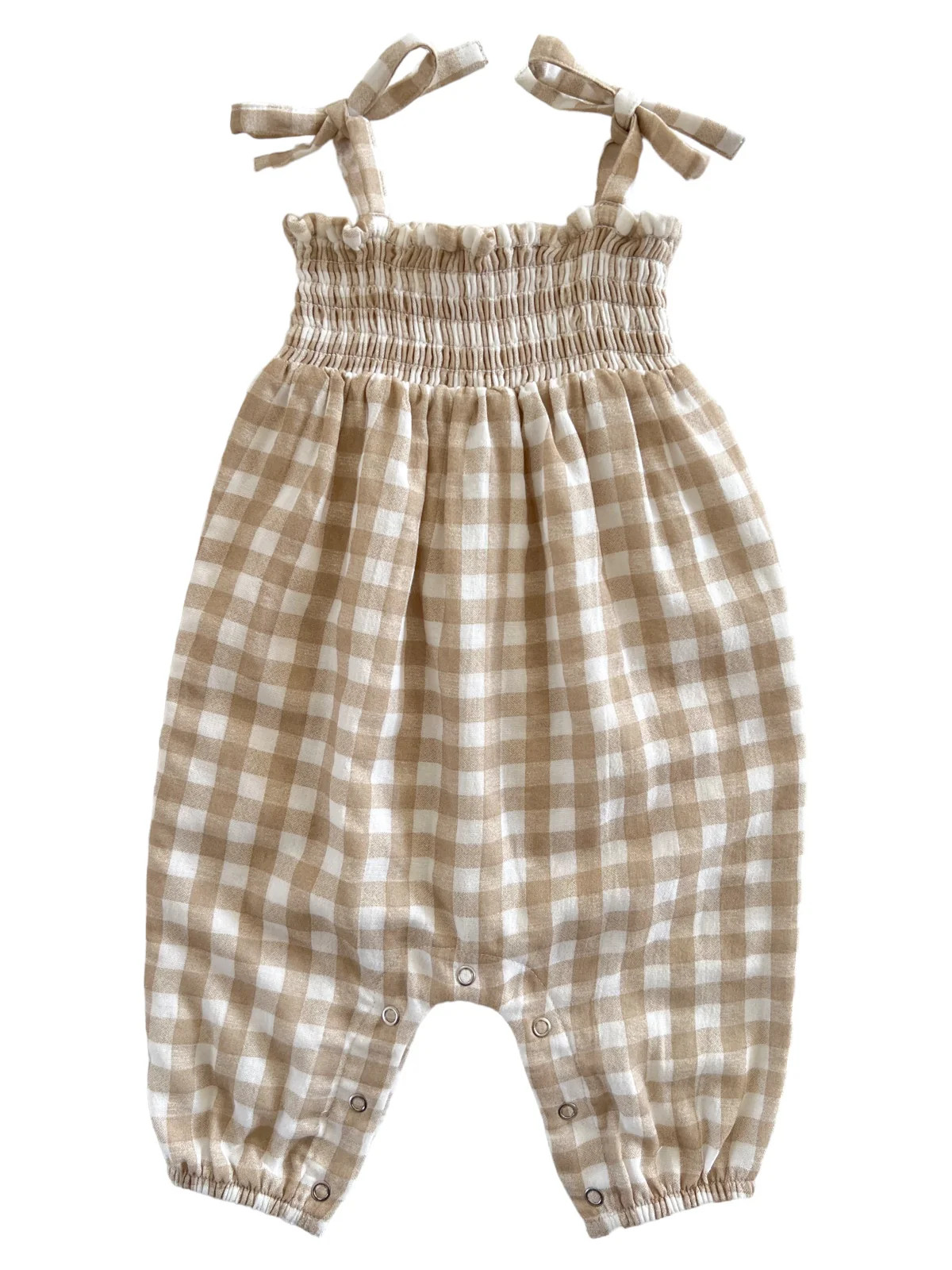 Tan Gingham / Organic Smocked Jumpsuit | SpearmintLOVE