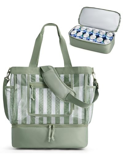 BAGSMART Beach Bag for Women, Mesh Tote Bags with Zipper, Sandproof Vacation Essentials with Cooler for Swim Cruise Pool, Green | Amazon (US)