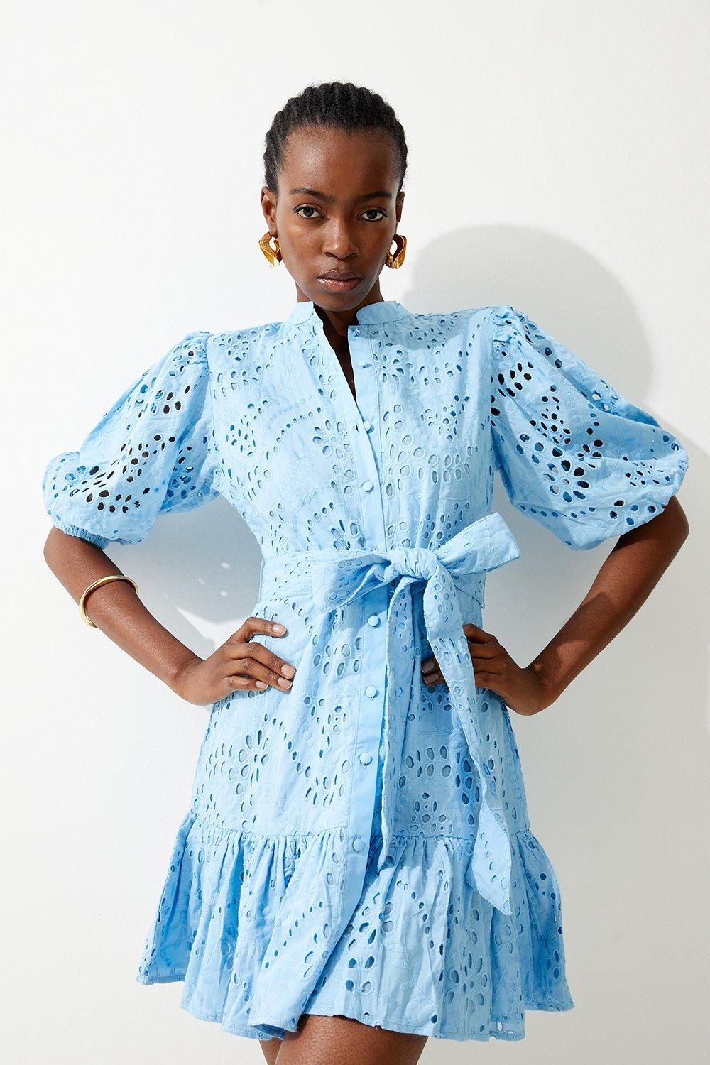 Cotton Broderie Belted Woven Mini Dress | Karen Millen US