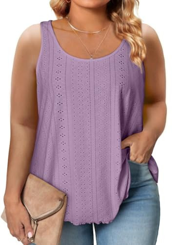 Eytino Plus Size Tank Tops for Women Sleeveless Scoop Neck T-Shirts Eyelet Embroidery Casual Tunic Tops,4X Orchid Petal | Amazon (US)