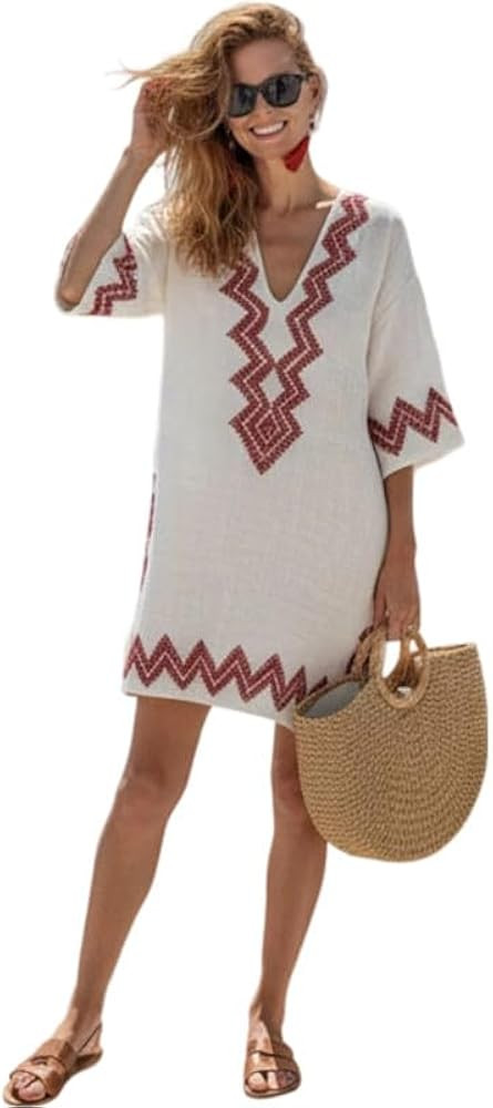 Boho Summer Dresses for Women V Neck Plus Size Striped Cover Up Caftan White Tunic Mini Sun Dress... | Amazon (US)